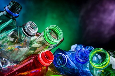 Empty colored drink bottles. Recyclable plastic waste