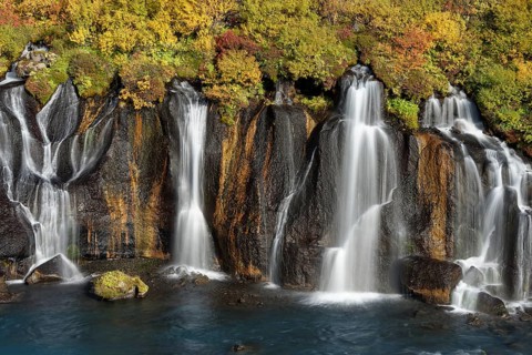 Waterfall Hraunfossar, river Hvita, Iceland, Europe