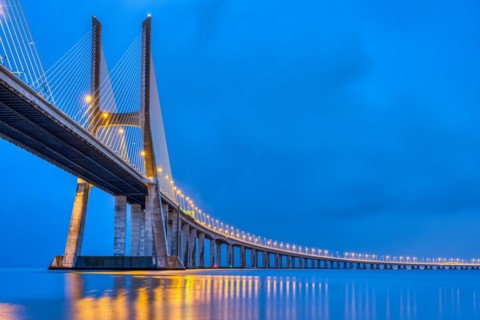 The Vasco da Gama Bridge over the Tagus in Lisbon, Portugal, at dusk, Europe