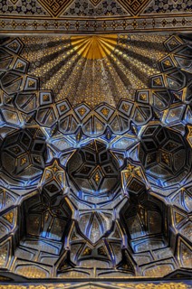 Beautiful artwork on walls of mosque in Samarkand, Uzbekistan, Asia
