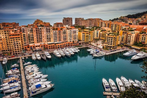 Modern apartment buildings in Monaco at Port de Fontvieille on Mediterranean Sea, southern Europe