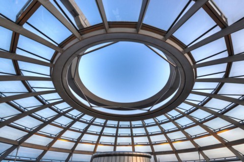 Reichstag in Berlin, the photo shows the dome of the Reichstag with the walkable spiral inside. The