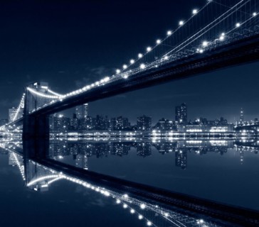 New York City, Brooklyn Bridge with reflections on water
