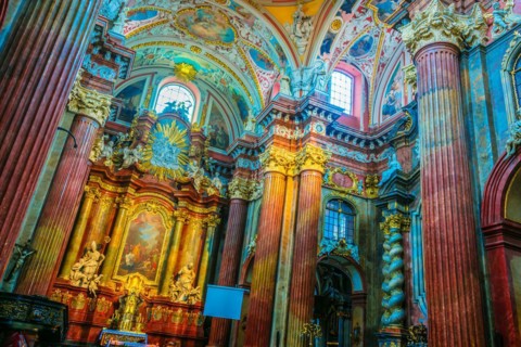 POZNAN, POL - NOV 27, 2018: Interior of Fara, St. Mary's Basilica in Poznan, Poland, Europe