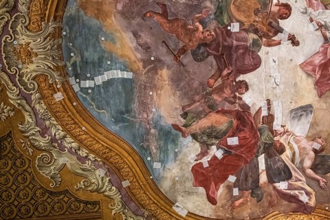 Interior view of St Mark's Basilica, Sala Banchetti, Banqueting Hall, restoration of the ceiling,