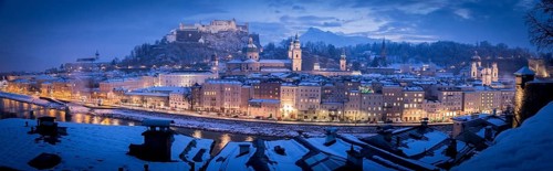 Salzburg old city at christmas time, snowy in the evening, Austria, Europe