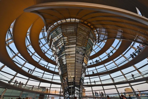 Reichstag building in Berlin. The large glass dome at the very top of the Reichstag has a