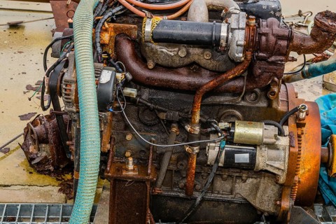 Taean, South Korea. August 14, 2019: Closeup of rusted inboard engine exposed to elements sitting