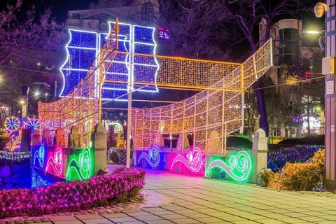 Taebeck, South Korea. January 29, 2019: Boat made of lights constructed on bridge over downtown