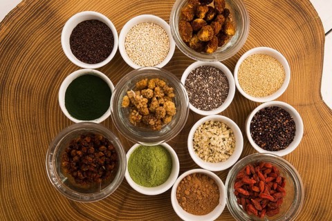 Bowls of various superfoods