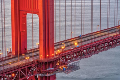 Detail of the Golden Gate Bridge in San Francisco at dusk