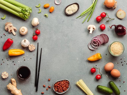 Asian food ingredients with copy space. Various of Chinese cooking ingredients and chopsticks on