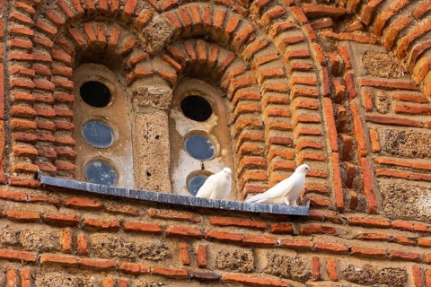 Two white doves, pigeons bird near window, Church Saint John Kaneo, Ohrid, North Macedonia