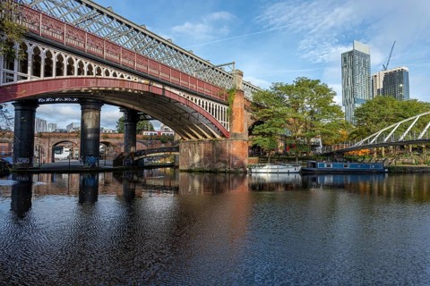 The Castlefield Viaduct, an old railway bridge in Manchester, England, Great Britain