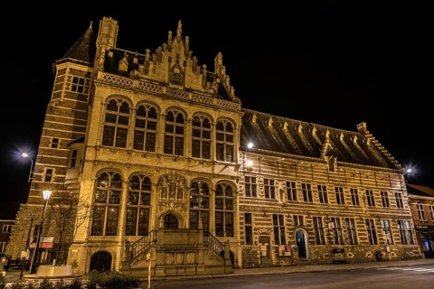 Zoutleeuw, Flanders, Belgium, 03 03 2019: View over the facade of the medieval Cloth Hall at the