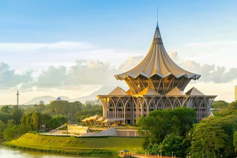 View of the Esplanade on the riverside in Kuching, Malaysia, Borneo during sunset, Asia