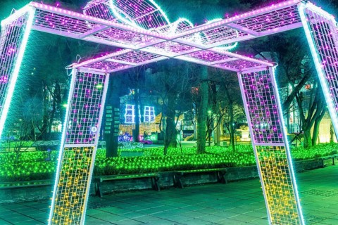 Taebeck, South Korea. January 29, 2019: Structure resembling wrapped gift made of lights on display