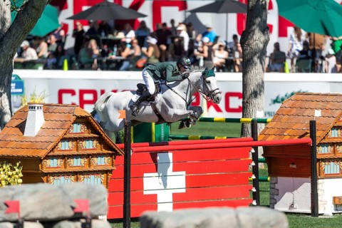 Daniel Coyle of Ireland, riding Incredible competes in the BMO Nations Cup during the CSIO Spruce
