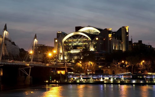 Charing Cross waterfront at dusk and Hungerford Bridge, London, England London, England