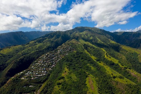 Aerial view of the west coast of Tahiti, Tahiti, French Polynesia, Oceania