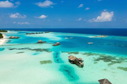 Aerial view of the holiday island of Lankanfushi, North Male Atoll, Indian Ocean, Maldives, Asia
