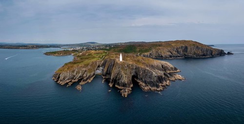Panorama landscape view of the Baltimore Beacon and entrance to Baltimore Harbor in West Cork