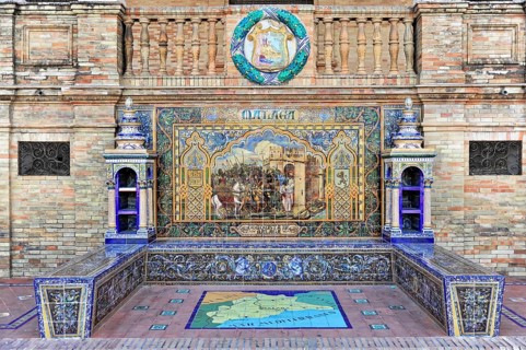 Plaza de España in Seville, Seville, Andalusia, Spain, Europe, Ceramic mural with historical scenes