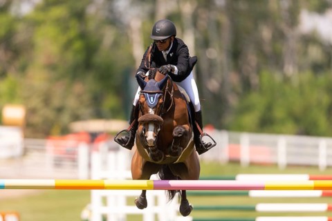 Sameh el Dahan of Great Britain, riding WKD Toronto, compete in the 1.60m Grand Prix during The