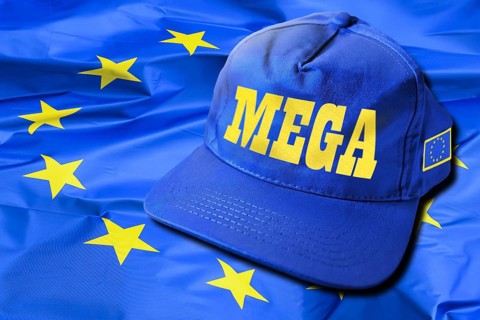 Cap with inscription MEGA on EU flag, photomontage