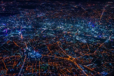 London night view as seen from an airplane. Shooting Location: United Kingdom, London