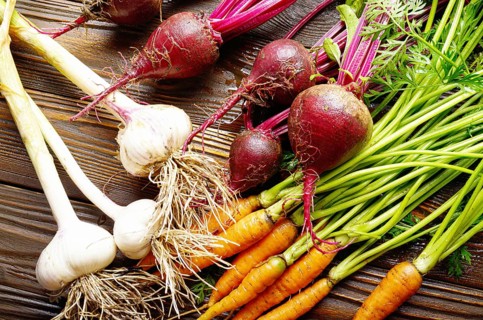 Vegetarian background of fresh organic beetroots green garlic and carrots on kitchen wooden rustic