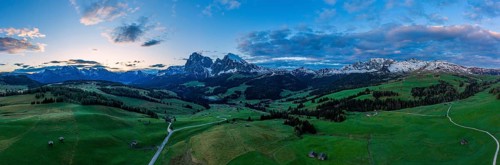 Panoramic view from the Seiser Alm to the Dolomites in Italy, drone shot