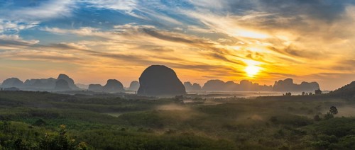 Mountain sunrise view at Din Deang Doi viewpoint with tropical forest, Krabi Thailand nature
