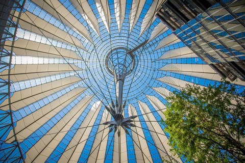 Berlin, Germany, June 2022: Low angle view on the dome of the Sony Center at Potsdamer Platz in