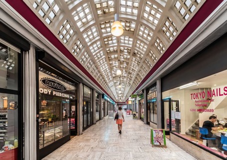 Brussels Old Town, Belgium, 07 18 2019- Interior arcades of the Galerie du centre, a vintage