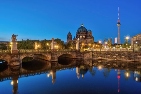 Berlin Cathedral with the television tower at night