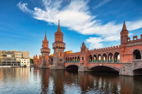 Berlin Germany, city skyline at Oberbaum Bridge and Berlin Metro