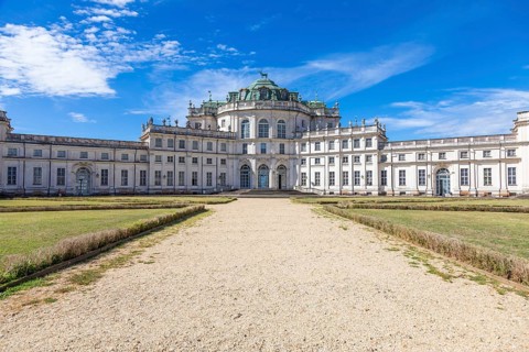Stupinigi, Italy, 19 August 2022: Stupinigi royal palace exterior, Italy travel destination, blue