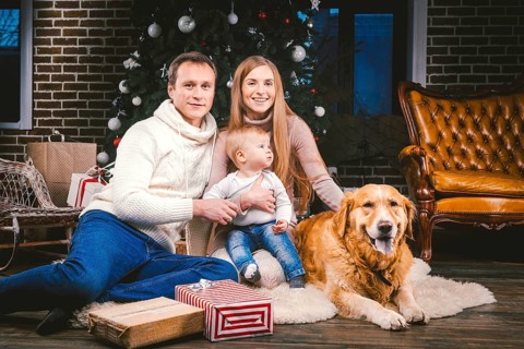 Theme Christmas and New Year family circle and domestic pet. Mom dad and child 1 year old Caucasian