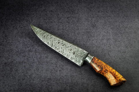 Beautiful luxurious utility knife in Texas Wind damask pattern with noble wood handle on dark