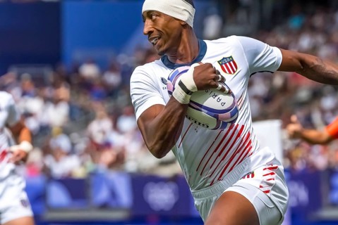 Jul 25, 2024-Paris, FRA, Men?s Pool B Rugby Seven: Team United States back Perry Baker (11) (USA)