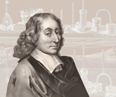 Portrait of Blaise Pascal with a page of Traitez de l'equilibre des liqueurs, et de la pesanteur de