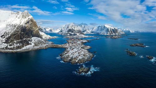 Reine Village and Mountains in Winter. Olstinden Peak. Moskenes, Lofoten Islands. Landscape of