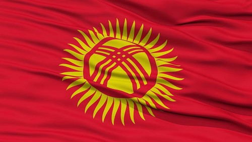 Closeup Kyrgyzstan Flag, Waving in the Wind, High Resolution