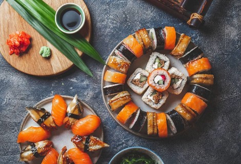 Food, Food, Sushi and rolls sets. Japonese food. top view