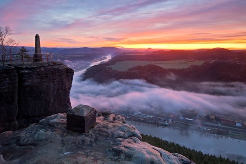 Morning fog and twilight over the Elbe valley at Lilienstein, Saxon Switzerland National Park,