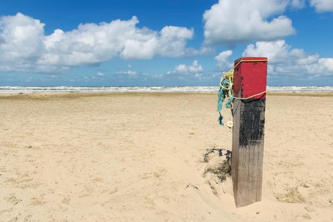Wooden pole at the beach of Dutch wadden island Terschelling