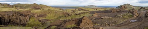 Moss-covered volcanic mountain landscape, panoramic shot, Pakgil, Iceland, Europe