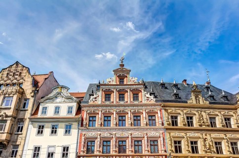 Houses in Renaissance architecture style in the historic city center of Erfurt, Germany, Europe