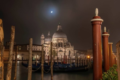 Old Baroque Church Santa Maria della Salute at Night, Venice, Italy, Europe